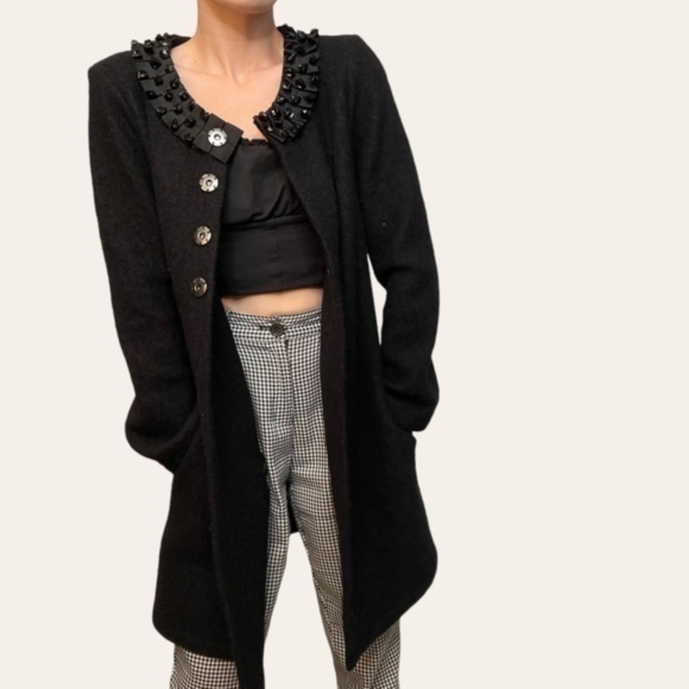 Willi Smith Black Trench Coat with Embellished Collar